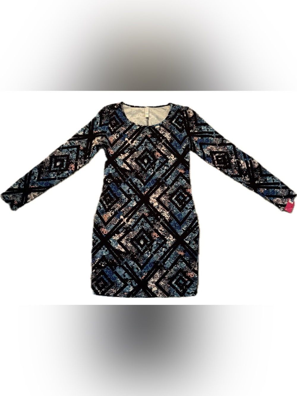 Xhilaration Black & Blue Geometric Long Sleeve Sheath Dress